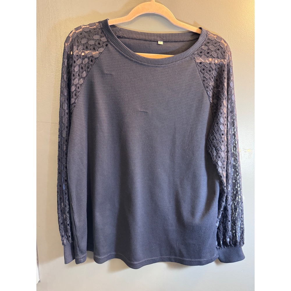 Unbranded Navy Waffle Knit Lace Raglan Sleeve Top Womens Large